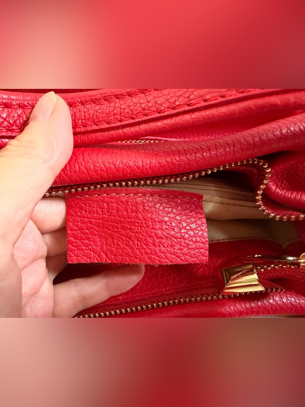 Red Italian Genuine Leather Handbag Top Handle Satchel Crossbody Bag Gold Tone - Picture 7 of 8